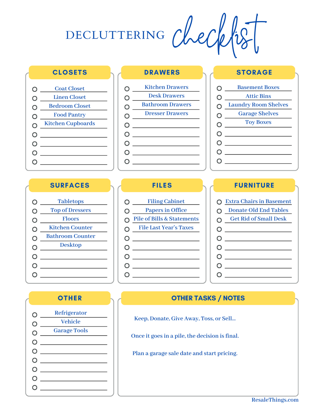 Sample checklist for decluttering your home and preparing for a garage sale.