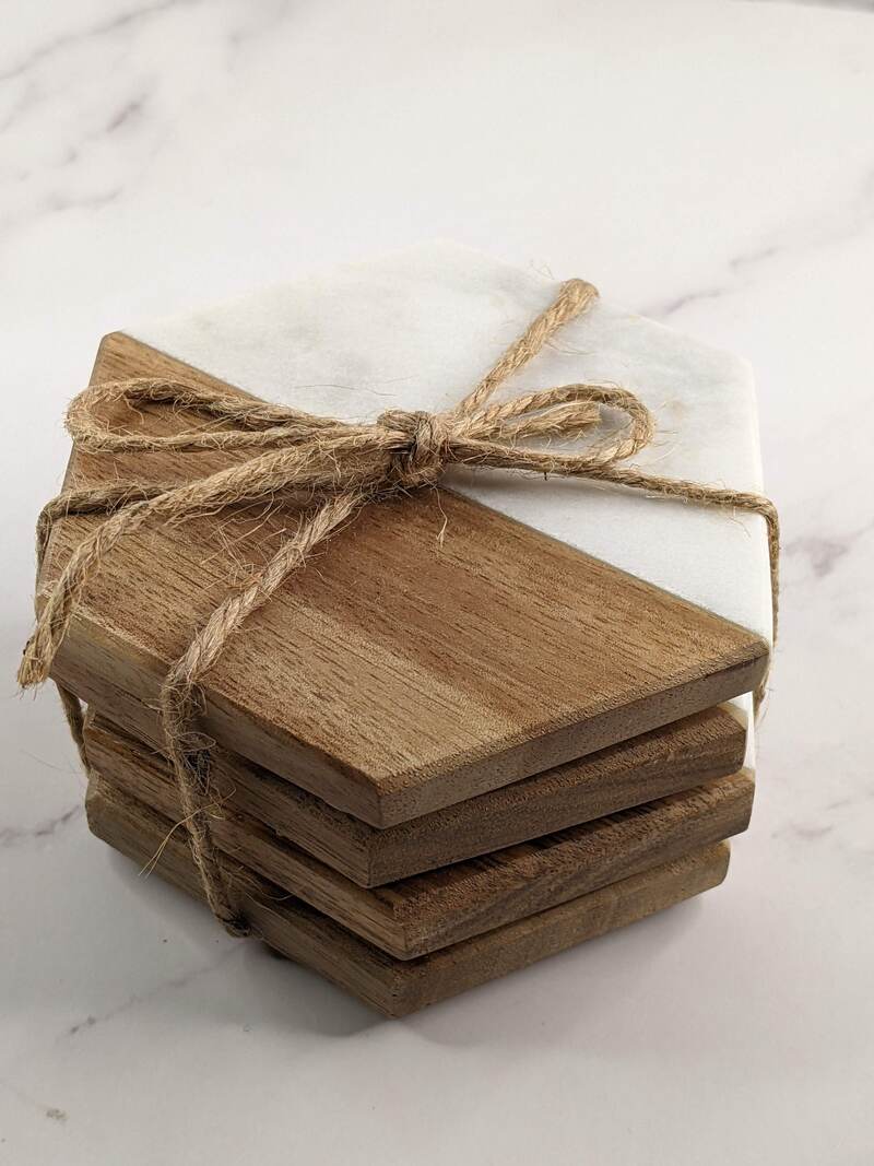Marble and Wood Coaster Set