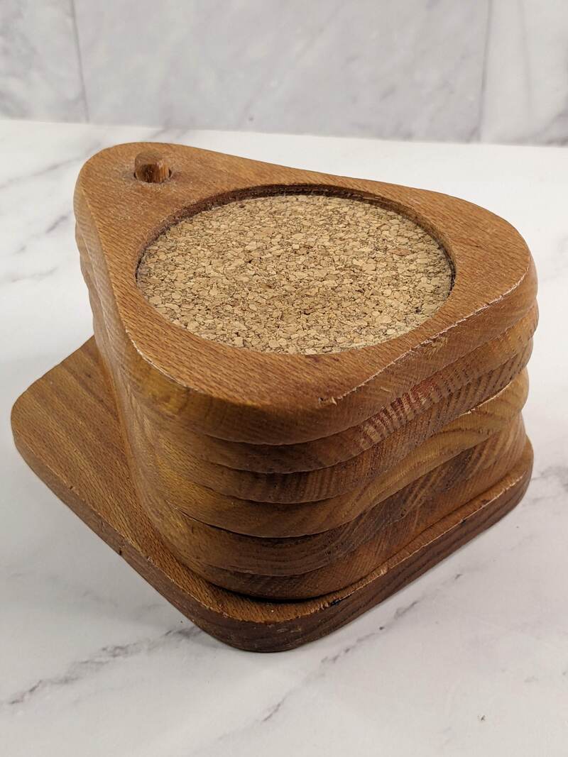 Vintage Wooden and Cork Pear Coaster Set