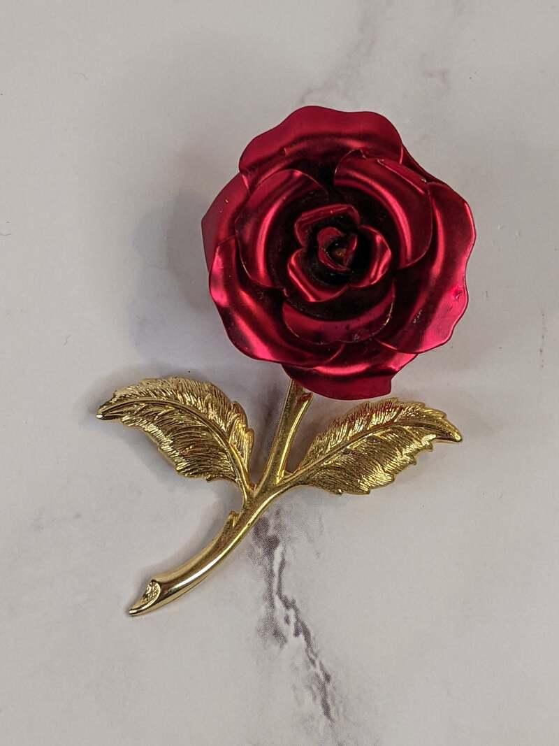 Red Rose Brooch with Golden Stem