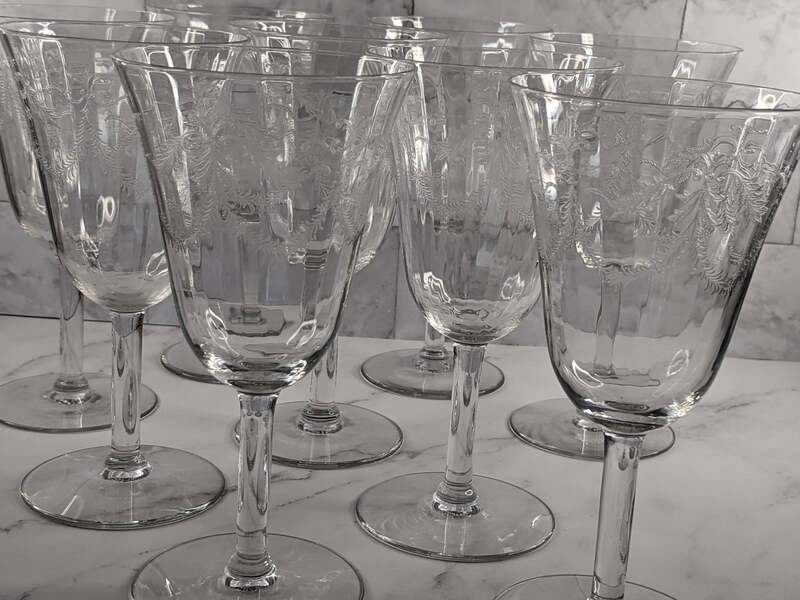9 Fostoria Etched Victory Water Goblets