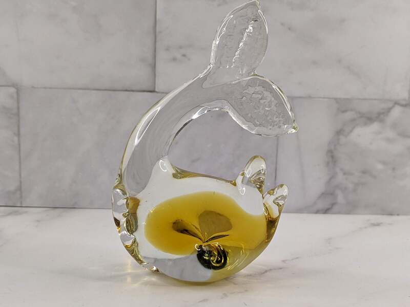 Vintage Art Glass Yellow Dolphin Paperweight